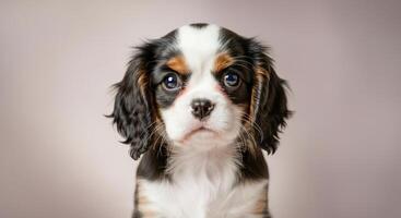 Charming cavalier king charles spaniel puppy with adorable expression on soft background photo