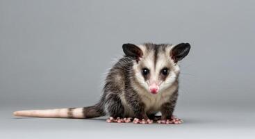 Adorable juvenile possum with striped fur and pink nose on neutral background photo