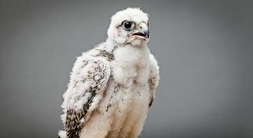 Young falcon bird close-up against a gray background for wildlife and nature photo