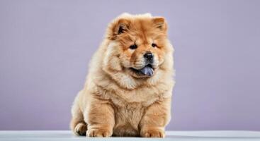 Adorable chow chow puppy with fluffy coat against a soft purple background photo