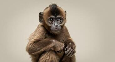Young monkey with expressive eyes holding arms in a soft beige studio setting photo