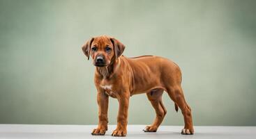 Adorable rhodesian ridgeback puppy standing on neutral background photo