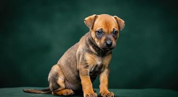 Adorable brown puppy sitting against a green background for pet adoption campaigns photo