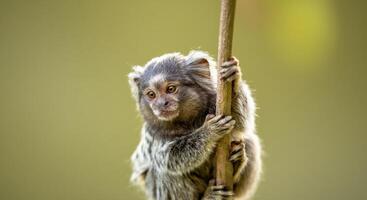 Curious marmoset clinging to a branch in natural habitat photo