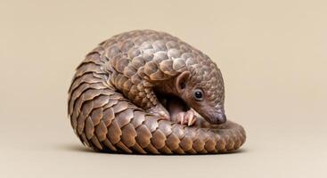 Adorable pangolin in protective curl on neutral background photo