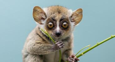Curious pygmy slow loris on bamboo branch against blue background photo