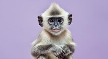 Portrait of baby langur against pastel purple background for wildlife conservation design photo