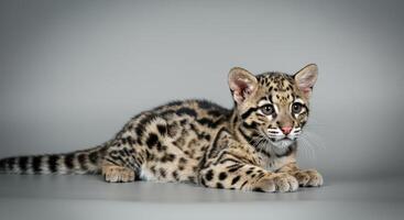 Young clouded leopard with distinctive spots resting on neutral background photo