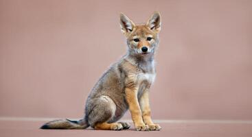 Adorable young coyote pup sitting against soft pink background for nature and wildlife appreciation design photo