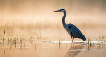 Majestic heron in tranquil wetlands at sunrise for nature conservation themes photo