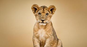 Majestic young lion cub portrait against warm beige background for nature design photo