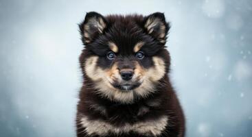 Adorable fluffy puppy in winter snowflakes perfect for holiday print and greeting card design photo