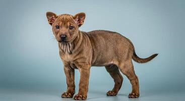 Cute brown puppy with curious expression on blue background photo
