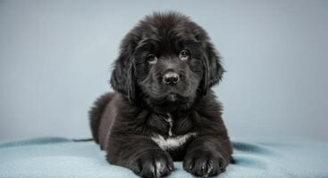 Adorable newfoundland puppy resting on soft blue blanket for pet-themed design or animal care promotion photo