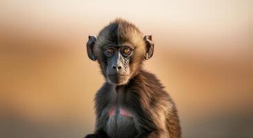 Portrait of a young mandrill in natural habitat highlighting primate expressions and wilderness photo