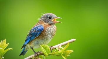 Young bluebird singing on a branch in lush greenery environment photo