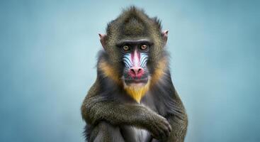 Captivating portrait of a mandrill monkey with vibrant facial markings in natural habitat photo