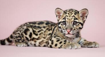 Adorable leopard cub resting on soft pink background for wildlife photography projects photo