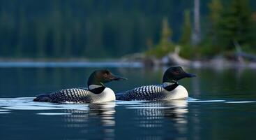 Tranquil lake scene with pair of loons in pristine wilderness setting photo