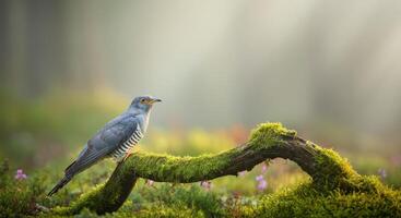 Peaceful scene of a cuckoo perched on moss-covered branch in misty forest photo