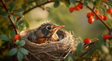 Young robin nestled in a natural nest amidst vibrant branches photo