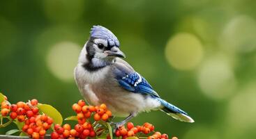 Vibrant blue jay perched on red berries in lush green foliage photo
