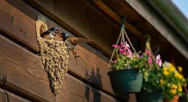 Swallows nesting on a wooden wall with hanging flower pots and natural lighting photo