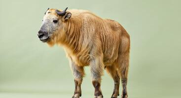 Majestic golden takin on soft green background for nature and wildlife themes photo