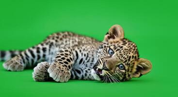 Adorable leopard cub relaxing on bright green background for nature series photo