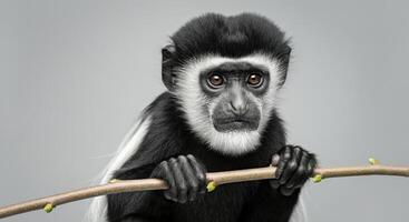 Thoughtful black and white colobus monkey on branch in natural setting photo