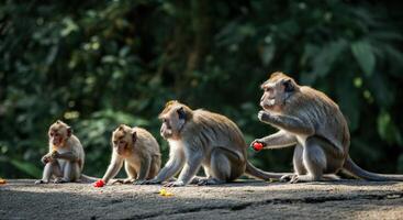 Group of monkeys feeding on fruit in lush jungle setting photo