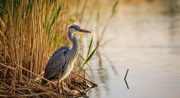 Majestic heron in serene wetlands during golden hour photo
