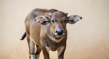 Curious calf with soft brown fur in natural outdoor setting photo