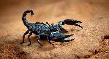 Black scorpion in desert habitat showcasing natural defense mechanisms photo