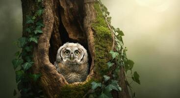 Young owl nestled in tree hollow surrounded by ivy and moss in serene forest setting photo