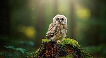 Curious owlet on a mossy tree stump in sunlit forest photo