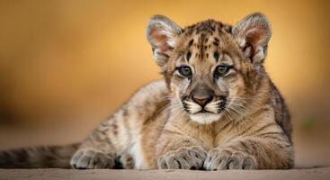 Adorable young lion cub resting on sandy ground with warm background photo