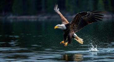 Majestic bald eagle in flight over serene lake with forest backdrop photo