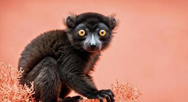 Curious lemur with bright eyes on coral branch against soft peach background photo