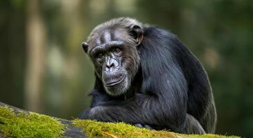 Thoughtful chimpanzee resting on moss-covered log in tranquil forest setting photo