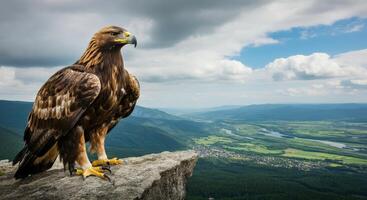 Majestic eagle perched on cliff overlooking vast valley landscape on a sunny day photo