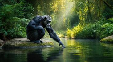 Chimpanzee observing ripples in a serene rainforest stream photo