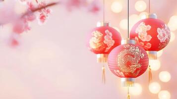 Three red lanterns with gold designs hanging from a tree photo