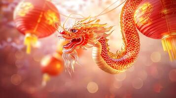 Three red lanterns with gold designs hanging from a tree photo