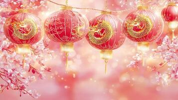 Three red lanterns with gold designs hanging from a tree photo