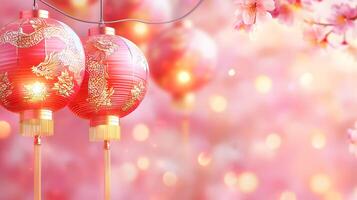 Three red lanterns with gold designs hanging from a tree photo
