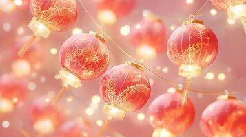 Three red lanterns with gold designs hanging from a tree photo