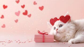 A cat wearing a red heart headband is laying on a pink surface next to a pink bo photo