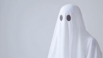 A ghostly figure is standing in front of a white background photo