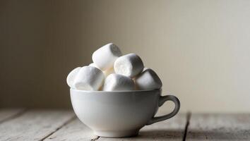 A cup filled with marshmallows on a table. photo